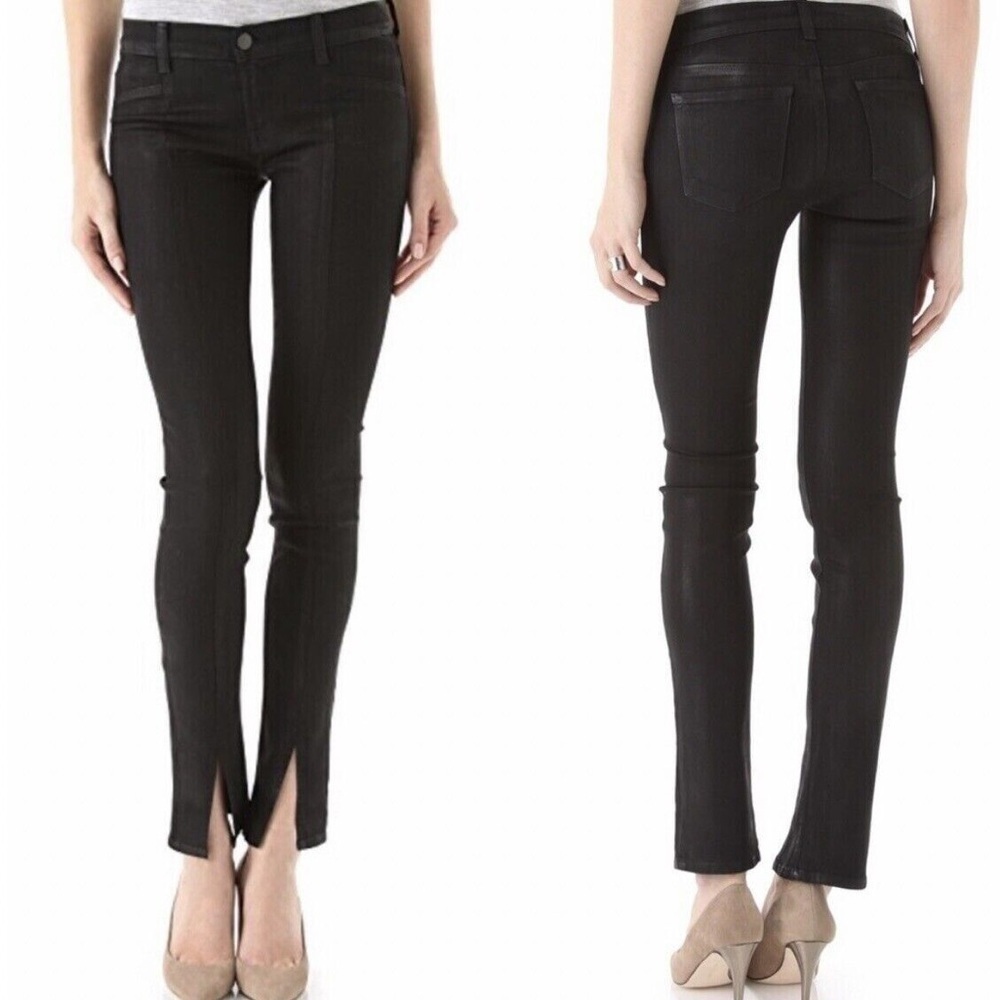 J Brand Women 24 Black Coated Conifer Ankle Slit Vera Mid Rise Skinny Jeans
